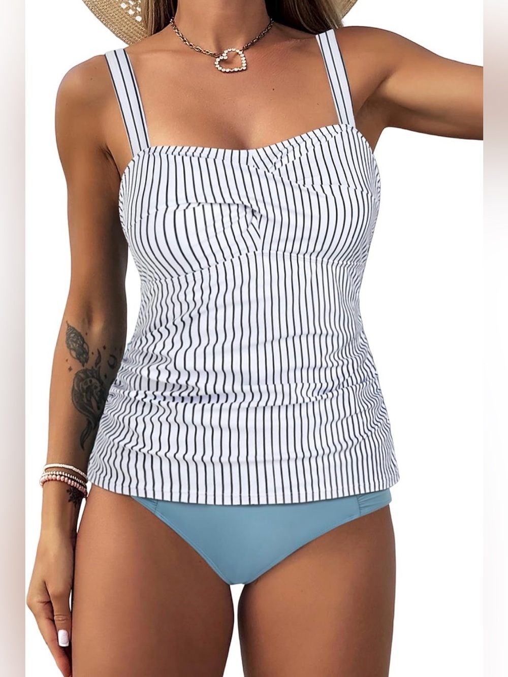 0146: Zaful White & Blue Striped Tankini Top with Light Blue Briefs Swimsuit